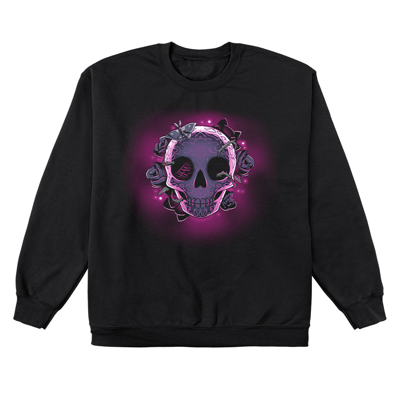 Crew Neck Sweatshirt_TeeTurtle black Memento Mori. Featuring a skull with Dia de los Muertos engraving wreathed in roses.