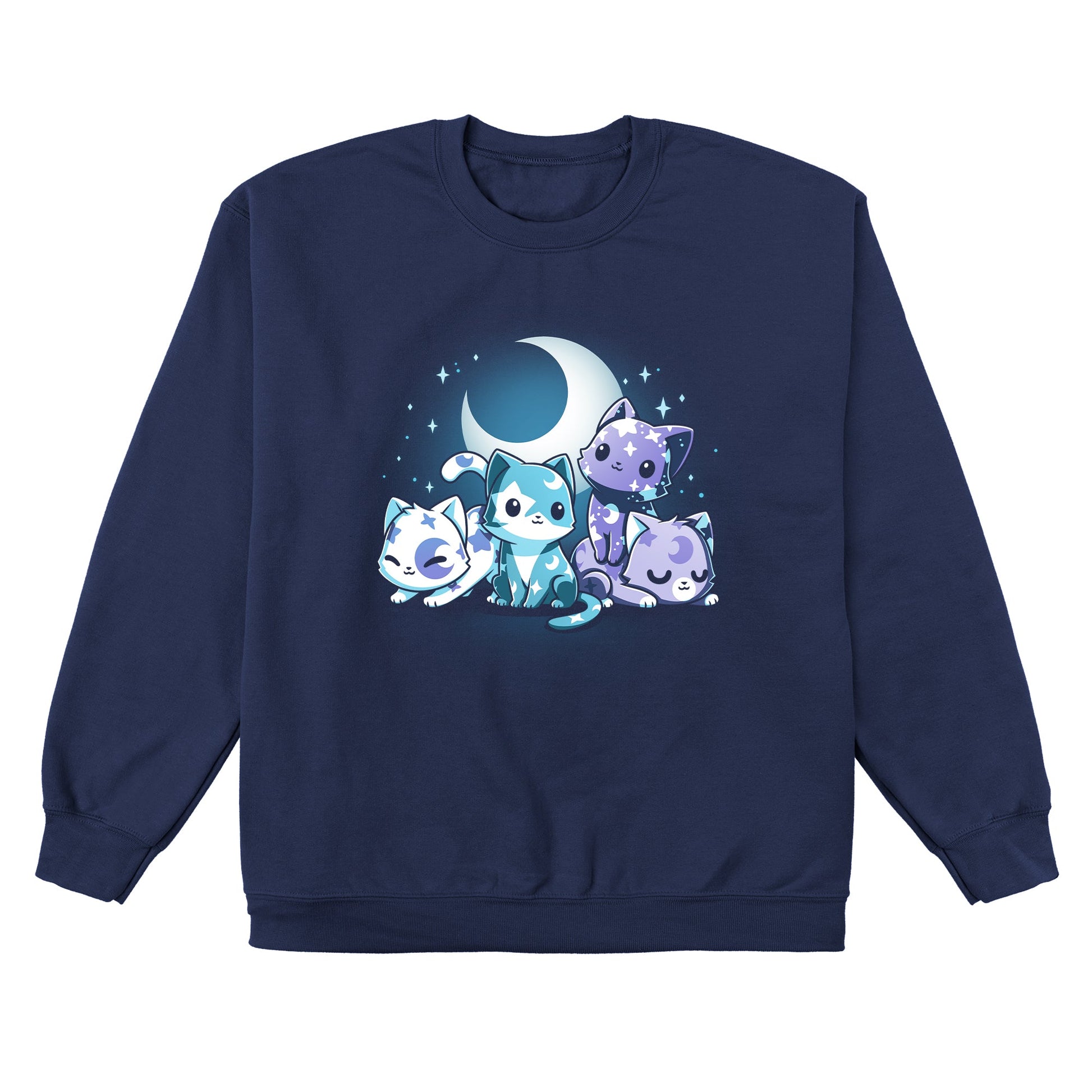 Crew Neck Sweatshirt_TeeTurtle navy blue Moon & Star Meows. Featuring blue and purple kittens with moon and star patterns on their fur.