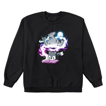 Crew Neck Sweatshirt_TeeTurtle Moonlight Tale black Featuring an imaginative wolf cub reading a book.