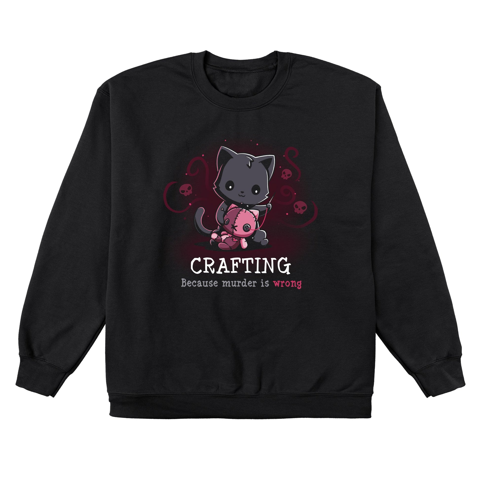 Crew Neck Sweatshirt_TeeTurtle Murder is Wrong black t-shirt featuring a cartoon cat  with a needle stitches a voodoo doll with skulls and swirly designs are in the background while crafting