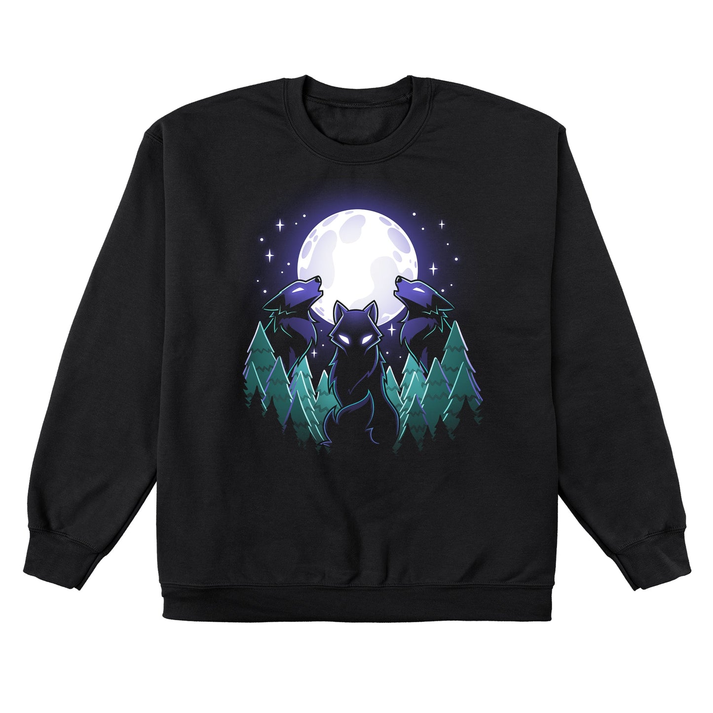 Crew Neck Sweatshirt_TeeTurtle Mystical Moon black design featuring three wolves with glowing eyes howl at a large, Mystical Moon, surrounded by a nature forest of evergreen trees and twinkling stars in the night sky.