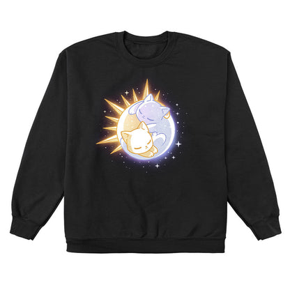 Crew Neck Sweatshirt_TeeTurtle black Sun & Moon Kitties apparel featuring a sun cat and moon cat sleeping together in a yin-yang formation.