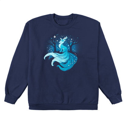 Crew Neck Sweatshirt_TeeTurtle Winter Kitsune navy blue design featuring a blue, fox-like creature with antlers, long tails, and a flowing mane sitting in a snowy forest with bare trees.