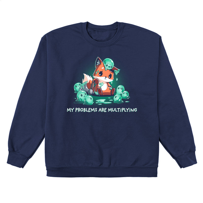 Crew Neck Sweatshirt_TeeTurtle My Problems are Multiplying navy blue design featuring a sad fox holding an axe and surrounded by fantasy green slimes that are multiplying.