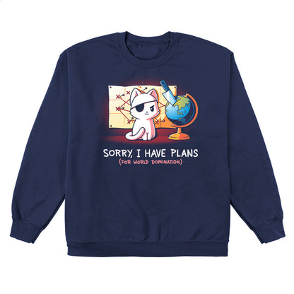 Crew Neck Sweatshirt_TeeTurtle Sorry, I Have Plans navy blue design featuring a cat with an eyepatch, sitting in front of a map and globe with a knife.