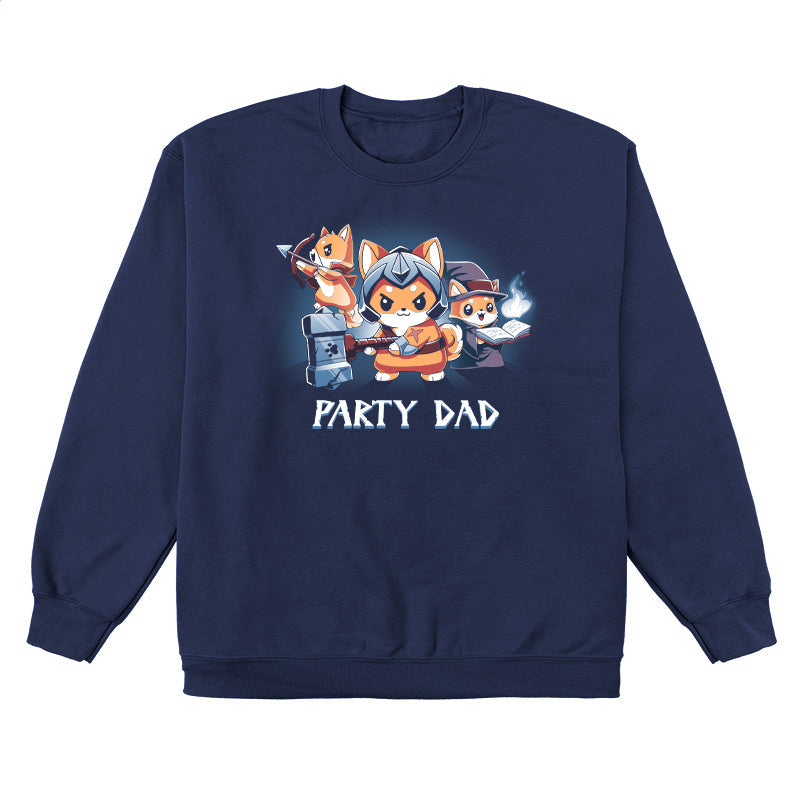 Crew Neck Sweatshirt_TeeTurtle Party Dad navy blue t-shirt featuring a party of three foxes dressed as a warrior, an archer, and wizard with a pun below it.