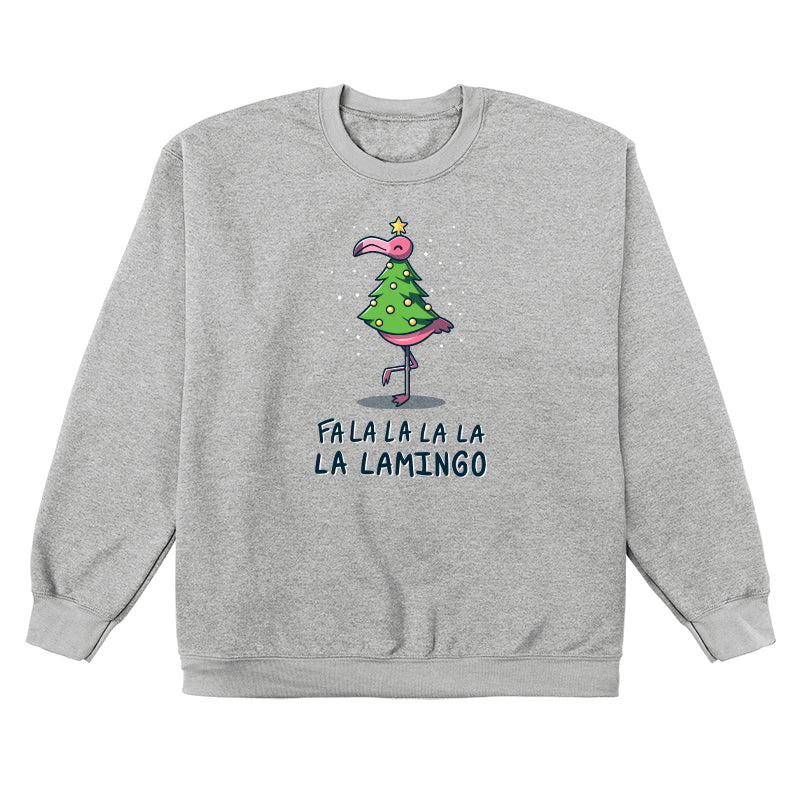 Crew Neck Sweatshirt_TeeTurtle Fa La La Lamingo heather gray t-shirt featuring a flamingo dressed up as a Christmas tree