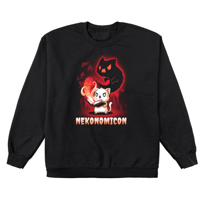 Crew Neck Sweatshirt_TeeTurtle Nekonomicon black design featuring a cat holding an open book with glowing symbols and a shadowy feline figure emerging from it. The word "Nekonomicon" is displayed at the bottom.