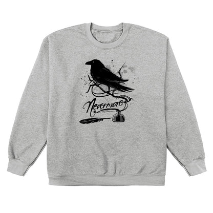 Crew Neck Sweatshirt_TeeTurtle sport gray Nevermore. Featuring a raven perched on a branch coming out of an inkwell.