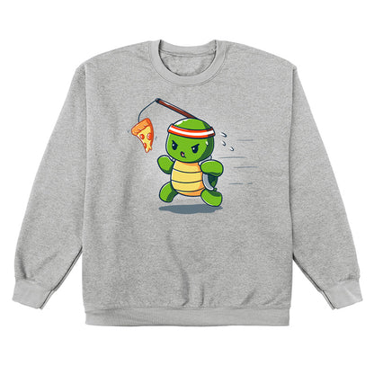 Crew Neck Sweatshirt_TeeTurtle Ninja Training heather gray t-shirt featuring a turtle chasing after a pizza slice dangling from a stick strapped to their head.