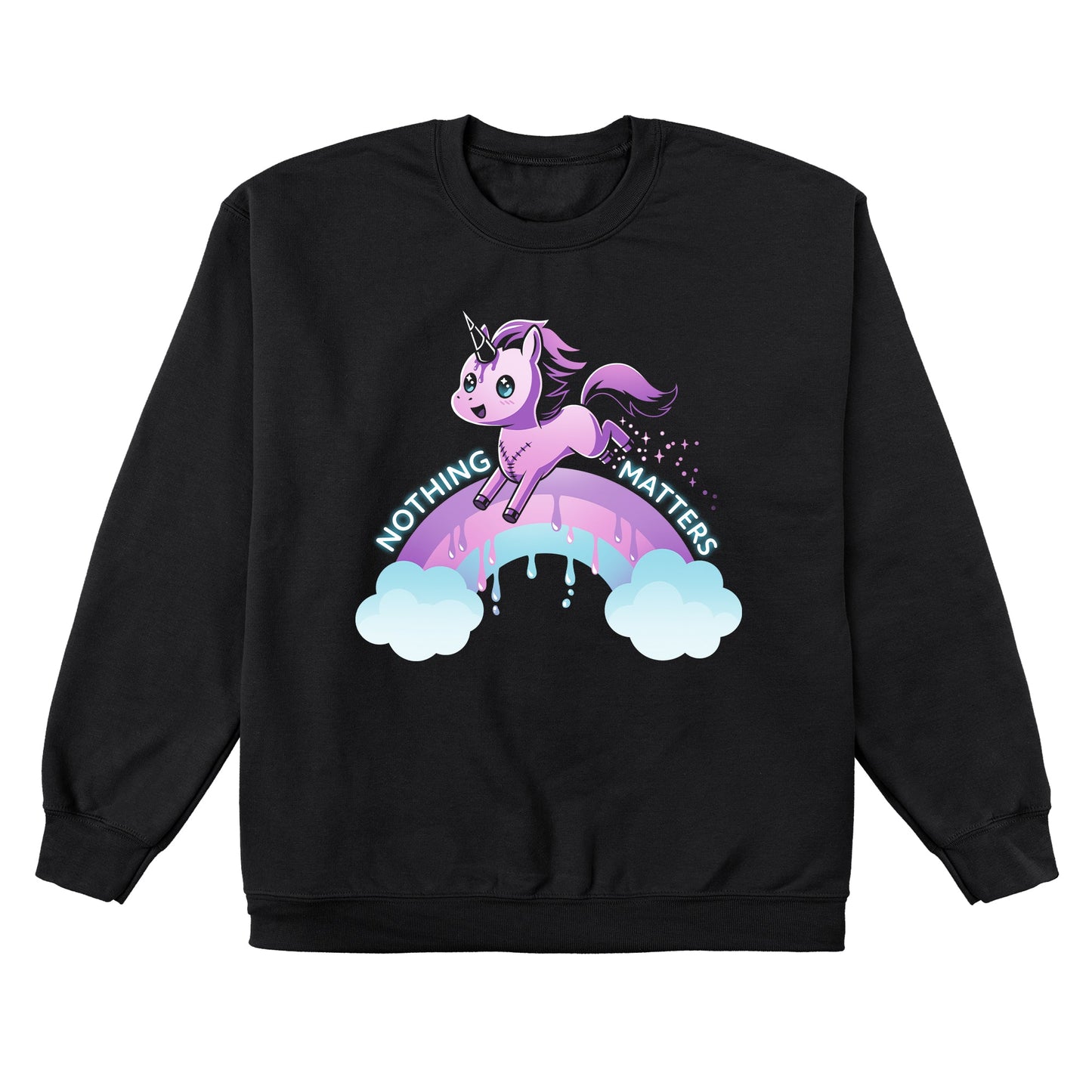 Crew Neck Sweatshirt_TeeTurtle Nothing Matters (Unicorn) black design featuring a purple unicorn jumping over a drippy rainbow.