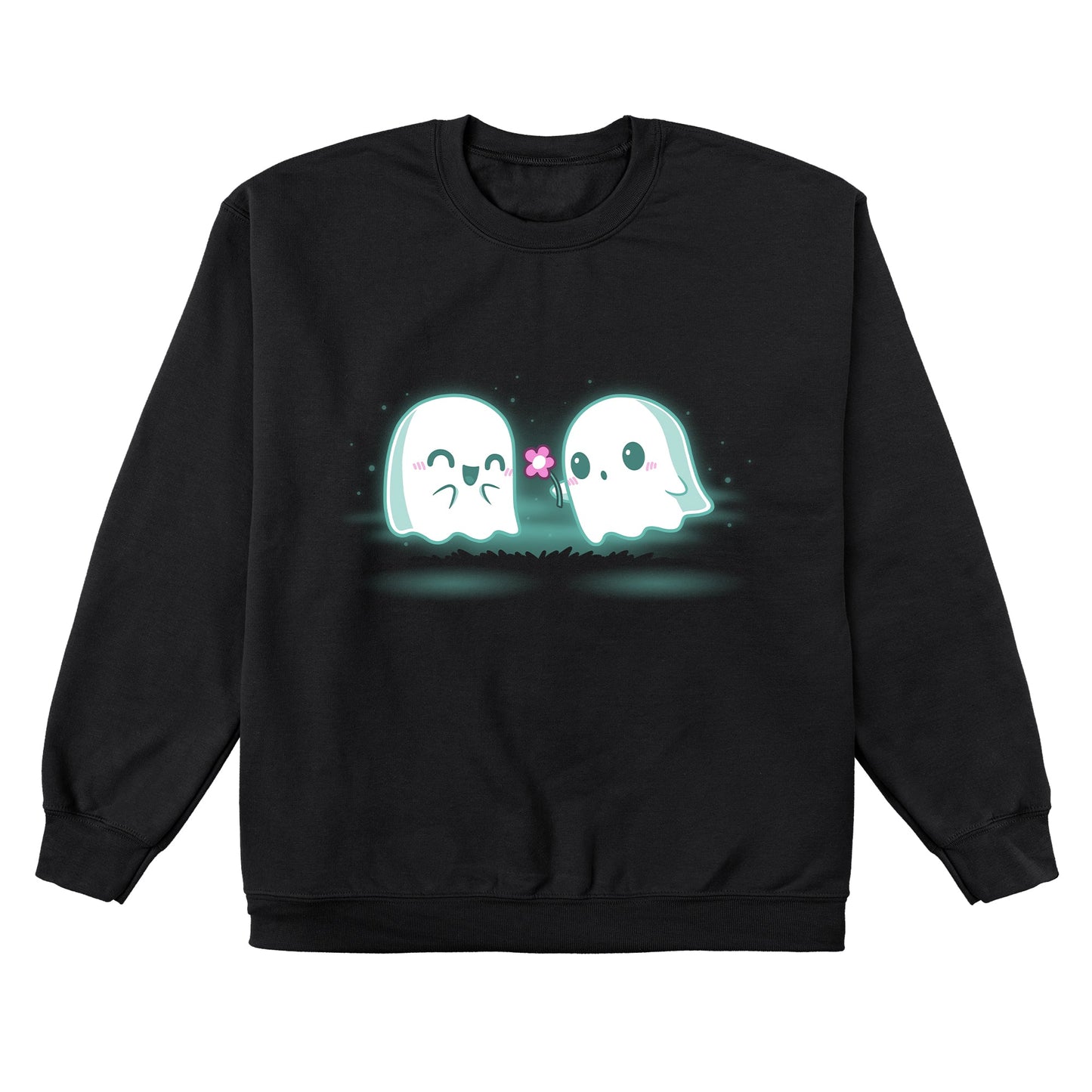 Crew Neck Sweatshirt_TeeTurtle One Boo Love black design featuring two cute kawaii ghost-like Halloween characters are glowing softly in the dark on a black apparel. One ghost is smiling with eyes closed while the other offers a pink flower.