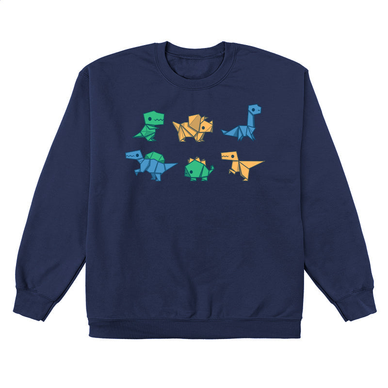 Crew Neck Sweatshirt_TeeTurtle Origami Dinos navy blue design featuring a collection of origami dinosaurs in different colors.