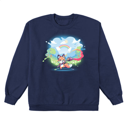 Crew Neck Sweatshirt_TeeTurtle Paint Your Own World navy blue design featuring a drawing cartoon fox who holds a paintbrush, trailing vibrant colors as it paints a lively landscape with hills, trees, a rainbow, and a bright sky.