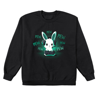 Crew Neck Sweatshirt_TeeTurtle black Pew Pew Bunny. Featuring a bunny playing a video game with a controller making pew-pew sounds.