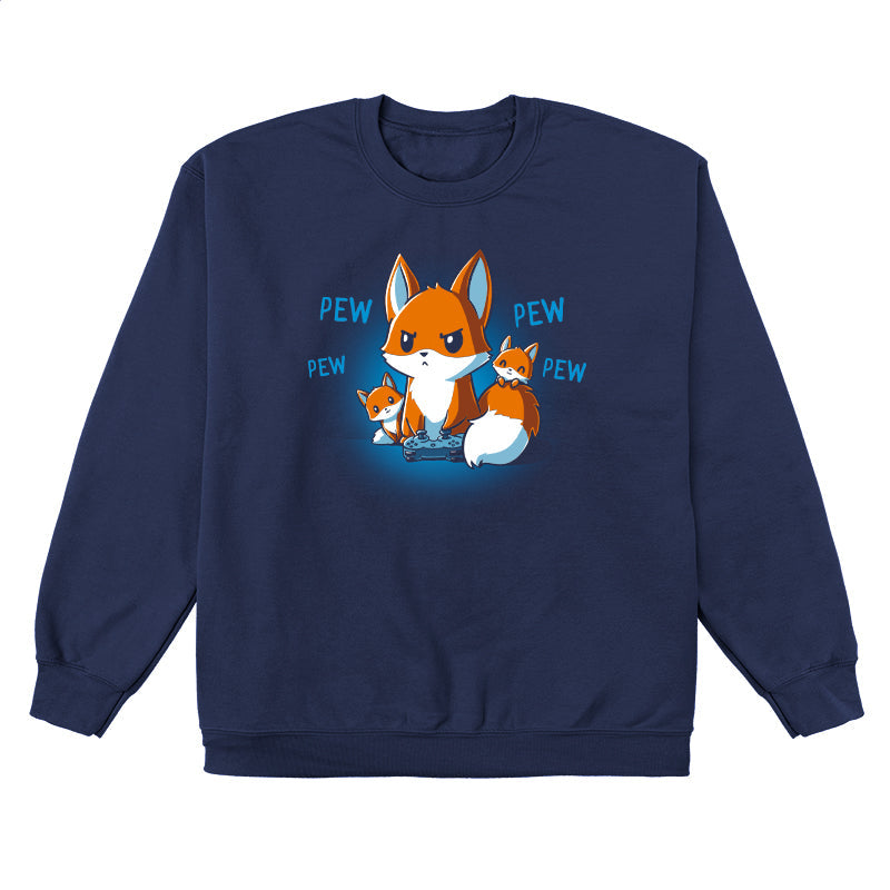 Crew Neck Sweatshirt_TeeTurtle navy blue Pew Pew Parent. Featuring a parent fox playing a video game with a controller and its kits climbing over it.