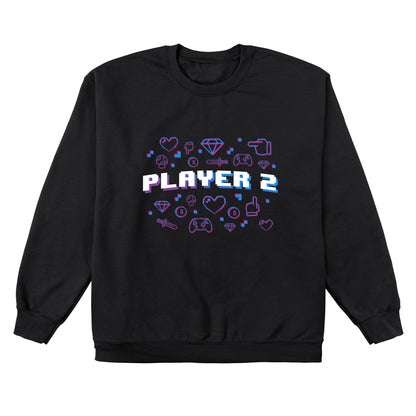 Crew Neck Sweatshirt_TeeTurtle black Player 2. Featuring the text, "Player 2" surrounded by pixel art video game elements.