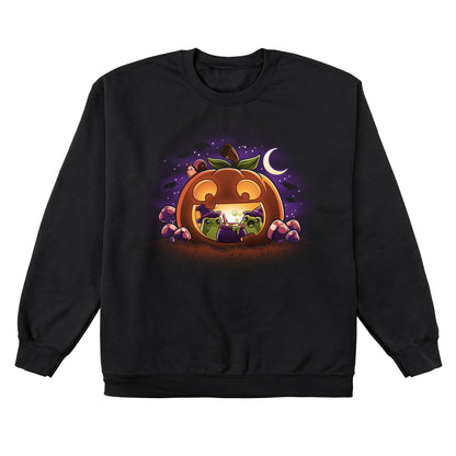 Crew Neck Sweatshirt_TeeTurtle Pumpkin Frog Witches black design featuring two frogs wearing witch hats brewing a cauldron of potion inside of a happy Halloween jack-o-lantern.