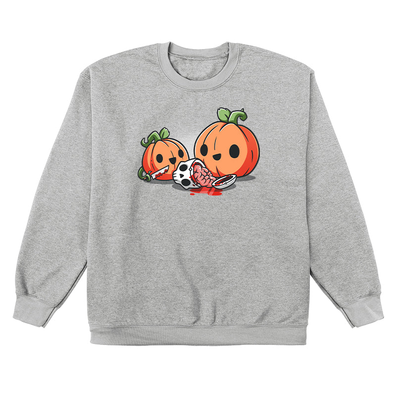 Crew Neck Sweatshirt_TeeTurtle Pumpkin Carving silver gray t-shirt featuring cheerful pumpkins carving a human skull.