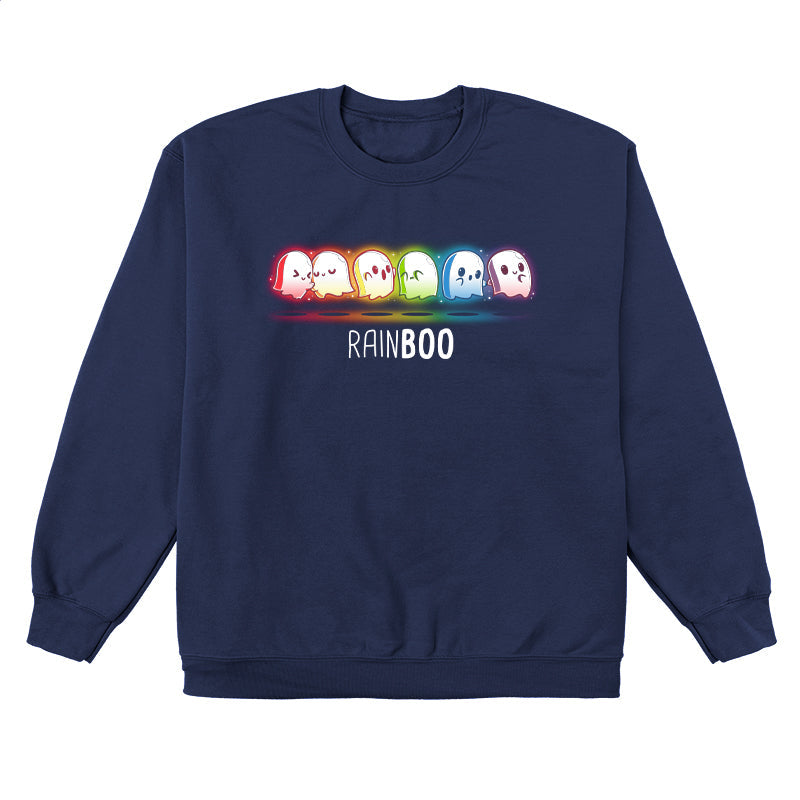 Crew Neck Sweatshirt_TeeTurtle Rainboo Navy Blue t-shirt featuring six colorful spooky pride ghosts arranged in a line, each representing a color of the rainbow. The word "RAINBOO" is below them, with the "BOO" in a different font for emphasis.