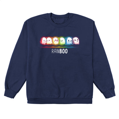 Crew Neck Sweatshirt_TeeTurtle Rainboo Navy Blue t-shirt featuring six colorful spooky pride ghosts arranged in a line, each representing a color of the rainbow. The word "RAINBOO" is below them, with the "BOO" in a different font for emphasis.