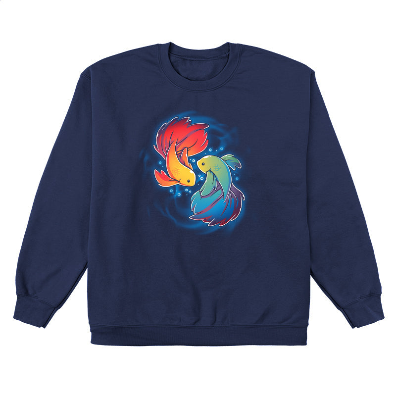 Crew Neck Sweatshirt_TeeTurtle Rainbow Betta navy blue t-shirt featuring two colorful Rainbow Betta fish displaying their pride colors swimming in a circular pattern.