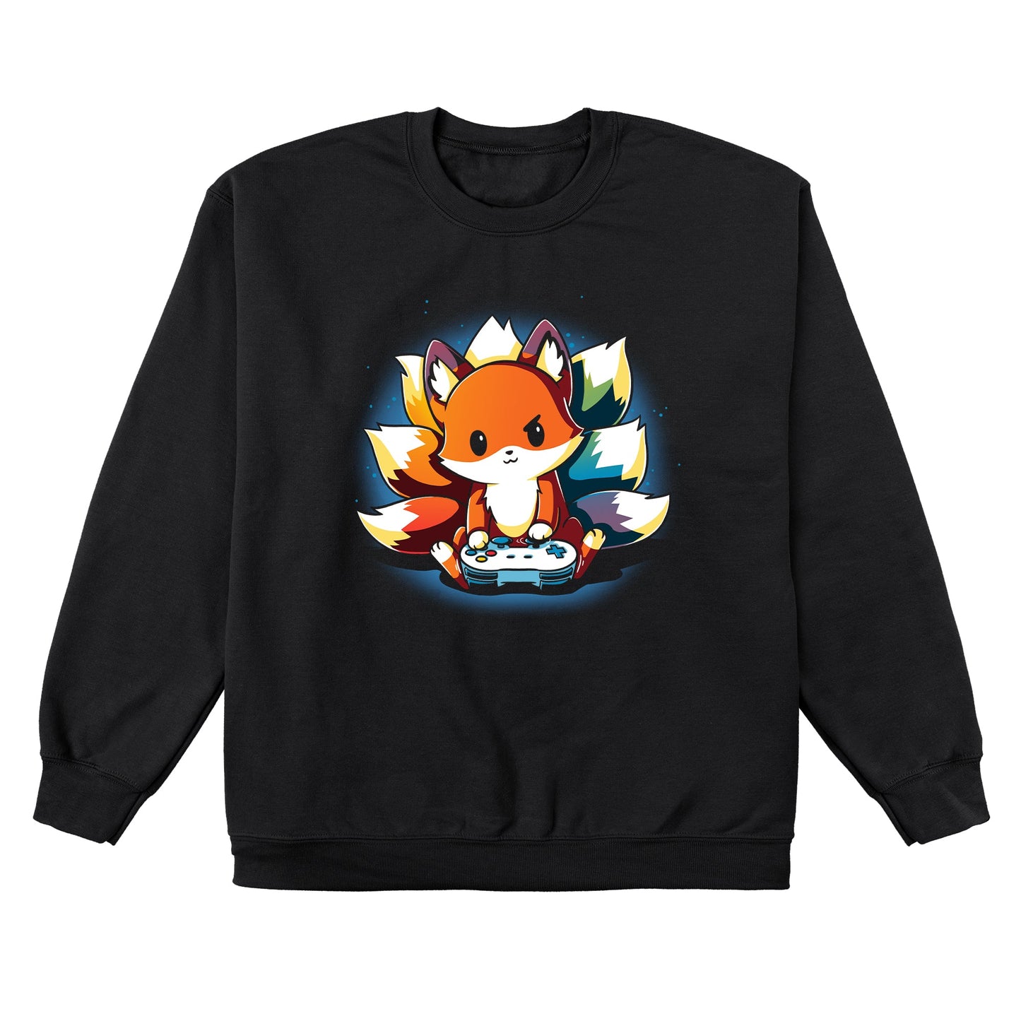 Crew Neck Sweatshirt_TeeTurtle Rainbow Gamer black Featuring a kitsune with rainbow tails playing video games