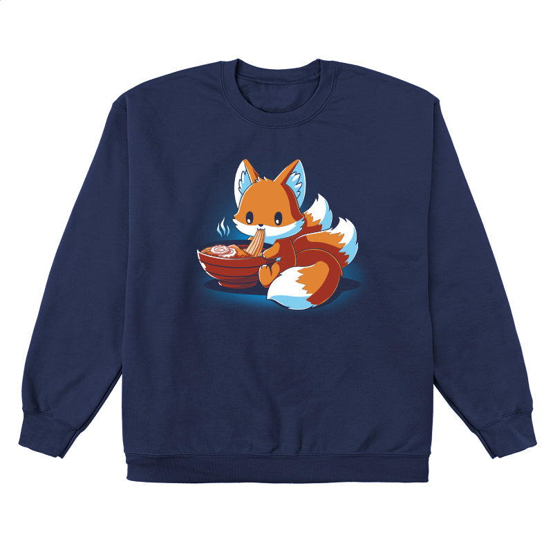 Crew Neck Sweatshirt_A cartoon fox, known as the Ramen Kitsune, is sitting and eating noodles from a bowl, holding the noodles with its paws. Steam rises from the bowl. This charming scene is printed on a super soft ringspun cotton navy blue monsterdigital Ramen Kitsune apparel.