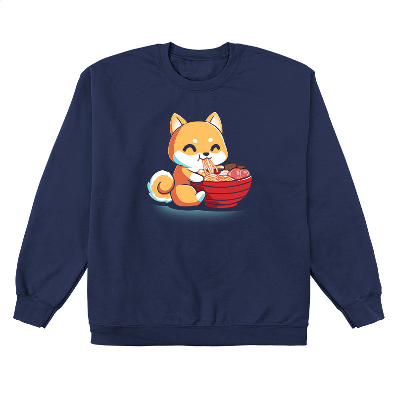 Crew Neck Sweatshirt_The Ramen Shiba design from monsterdigital features a cute cartoon Shiba Inu dog happily eating a large bowl of ramen noodles with various toppings, all printed on a super soft ringspun cotton navy blue apparel. The dark background adds an extra charm to this cozy and stylish tee.