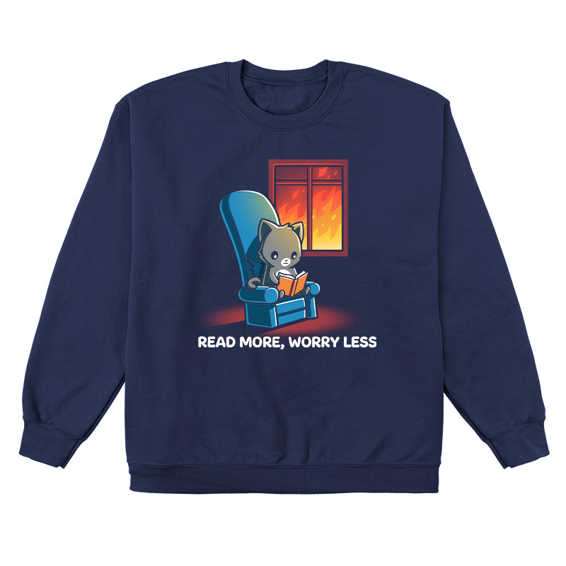 Crew Neck Sweatshirt_TeeTurtle navy blue Read More, Worry Less. Featuring a cat reading indoors while the world outside is on fire.