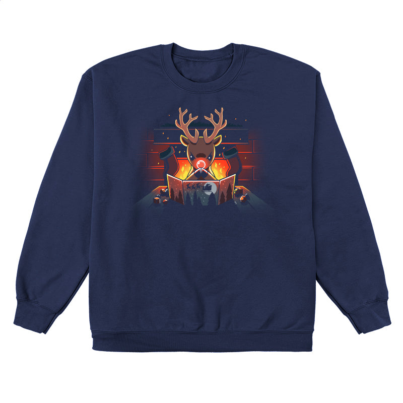 Crew Neck Sweatshirt_TeeTurtle Reindeer Game Master navy blue design featuring a reindeer in a tabletop game christmas scene. The reindeer glowing red nose debating their next game move with dice around the table, in front of a bright fire and stockings hung on the chimney. 