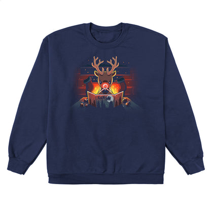 Crew Neck Sweatshirt_TeeTurtle Reindeer Game Master navy blue design featuring a reindeer in a tabletop game christmas scene. The reindeer glowing red nose debating their next game move with dice around the table, in front of a bright fire and stockings hung on the chimney. 