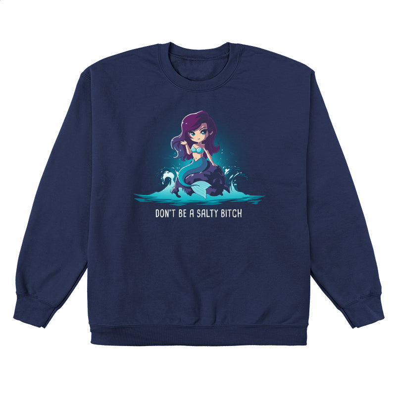 Crew Neck Sweatshirt_TeeTurtle Salty Beach navy blue t-shirt featuring a magical purple-haired mermaid with a teal tail sitting on a rock in the ocean, with the pun "Don't be a Salty Beach" at the bottom.