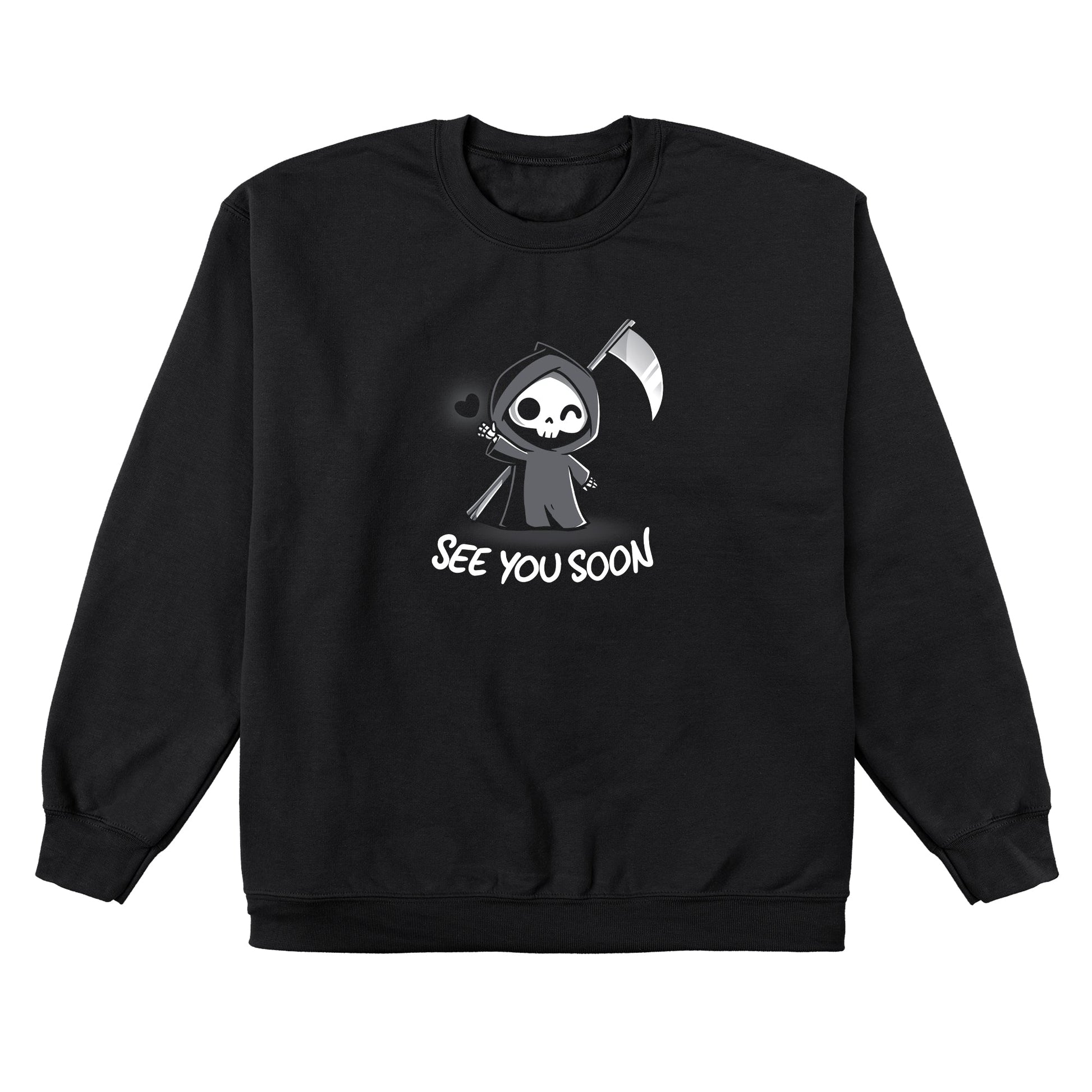 Crew Neck Sweatshirt_TeeTurtle See You Soon black design featuring a spooky cartoon Grim Reaper holding a scythe, waving, and a floating black heart next to it, with the text below that says in dark humor "SEE YOU SOON". 