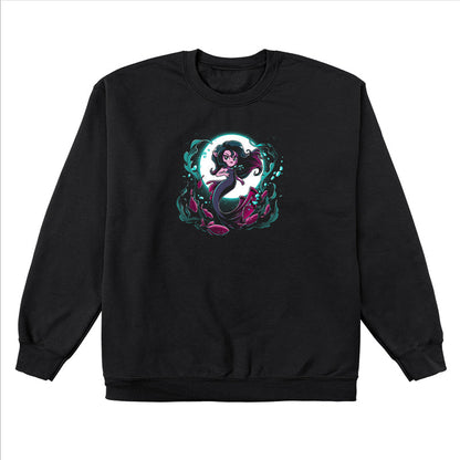 Crew Neck Sweatshirt_TeeTurtle Shadow Siren black design featuring a dark and dangerous mermaid in front of a full moon with fish and seaweed around her.