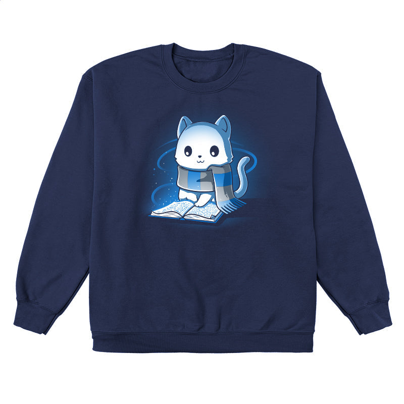 Crew Neck Sweater_TeeTurtle navy blue Smart Kitty. Featuring a white cat with a blue and silver striped scarf reading a book.