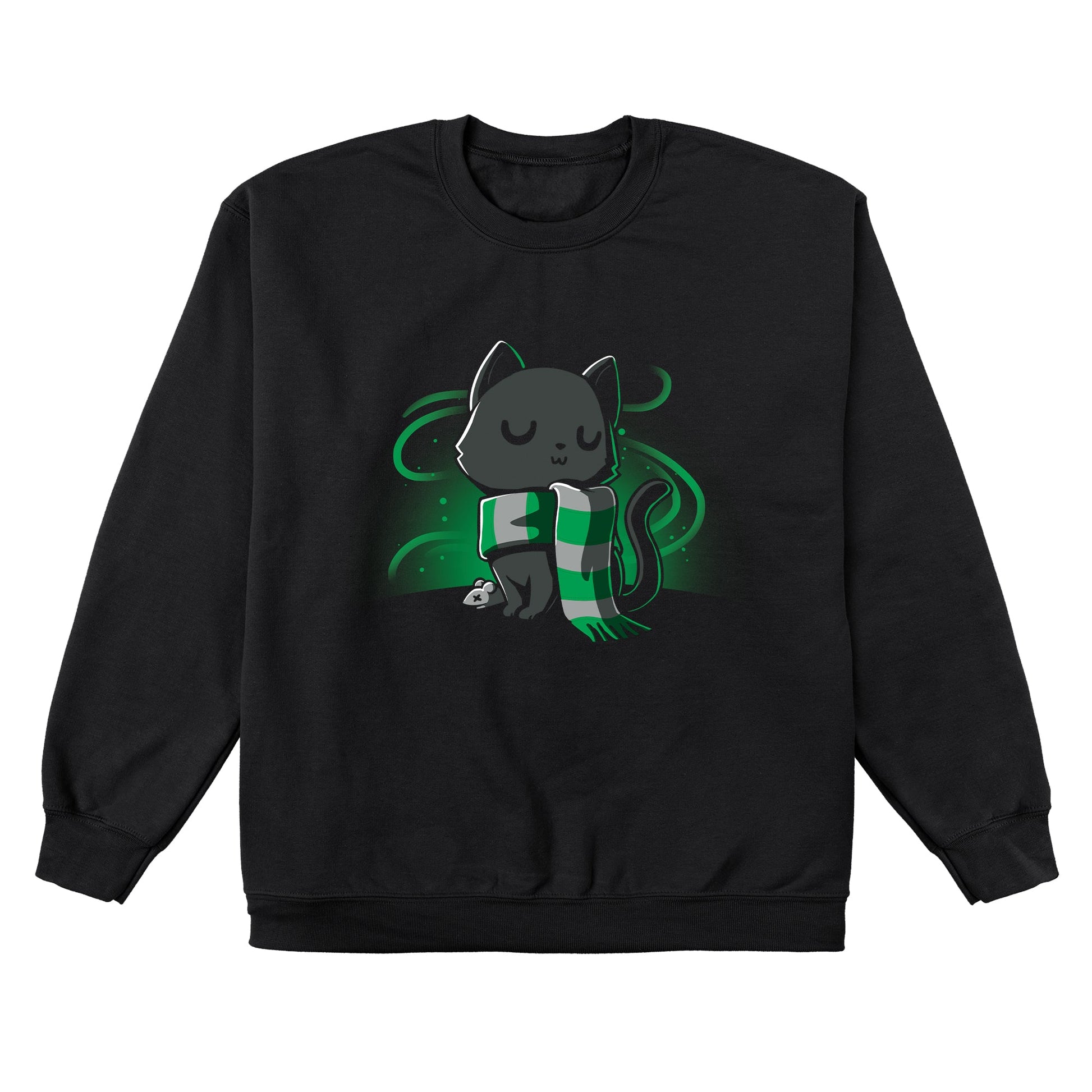 Crew Neck Sweatshirt_TeeTurtle black Sneaky Kitty. Featuring a haughty black cat with a silver and green striped scarf.