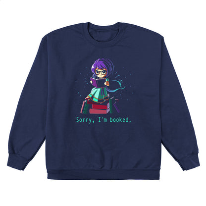 Crew Neck Sweatshirt_TeeTurtle navy blue Sorry I'm Booked]. Featuring a girl sitting on a pile of books reading.