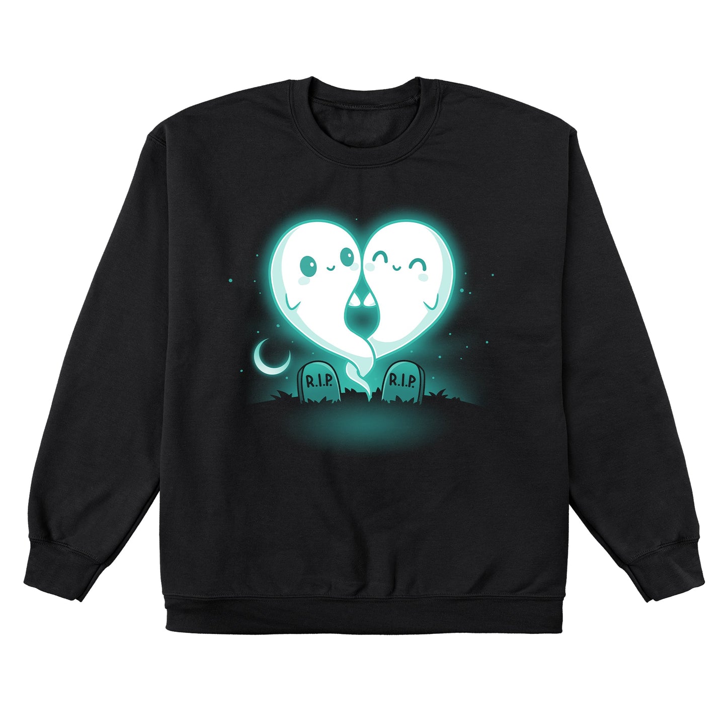 Crew Neck Sweatshirt_TeeTurtle Soulmates black design featuring two glowing ghost figures, forming a heart shape, float above two gravestones that read "R.I.P."