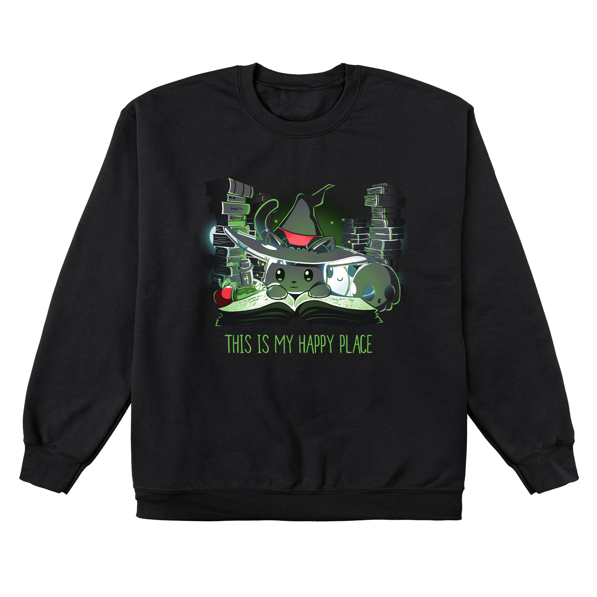 Crew Neck Sweatshirt_TeeTurtle black Spellbound. Featuring a black cat wearing a witch hat surrounded by spellbooks and witchcraft paraphernalia.