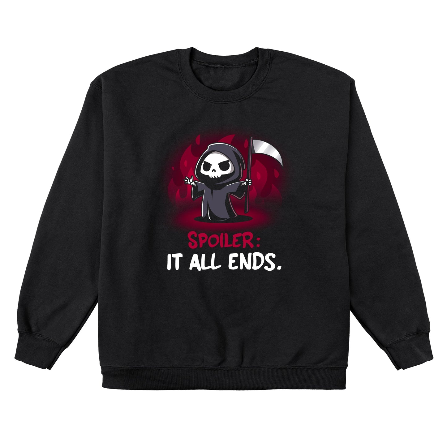 Crew Neck Sweatshirt_TeeTurtle Spoiler: It All Ends. black design featuring a dark and dangerous Grim Reaper in front of red flames.