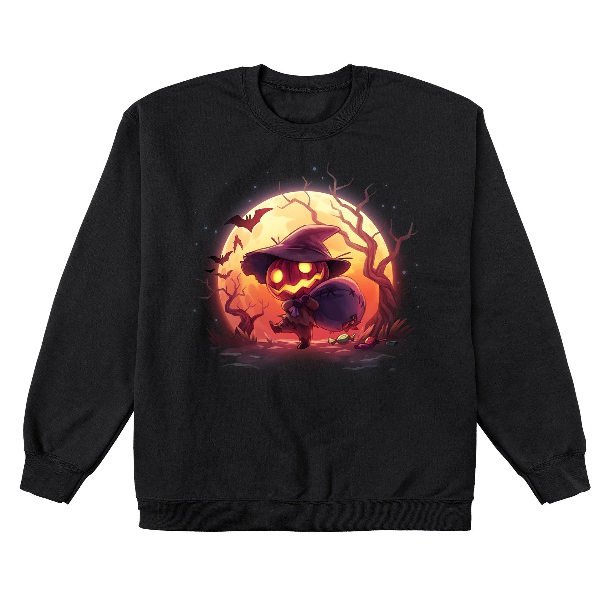 Crew Neck Sweatshirt_TeeTurtle black Spooky Scarecrow featuring a pumpkin scarecrow in a spooky forest carrying a torn sack of Halloween candy.