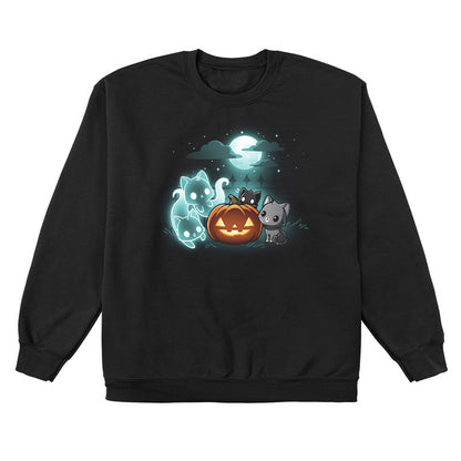 Crew Neck Sweatshirt_TeeTurtle Spurrits of Halloween black design featuring two dark and dangerous ghost cats next to two grey cats watching them. They are surrounding a jack-o-lantern and there is a full moon with clouds behind them.