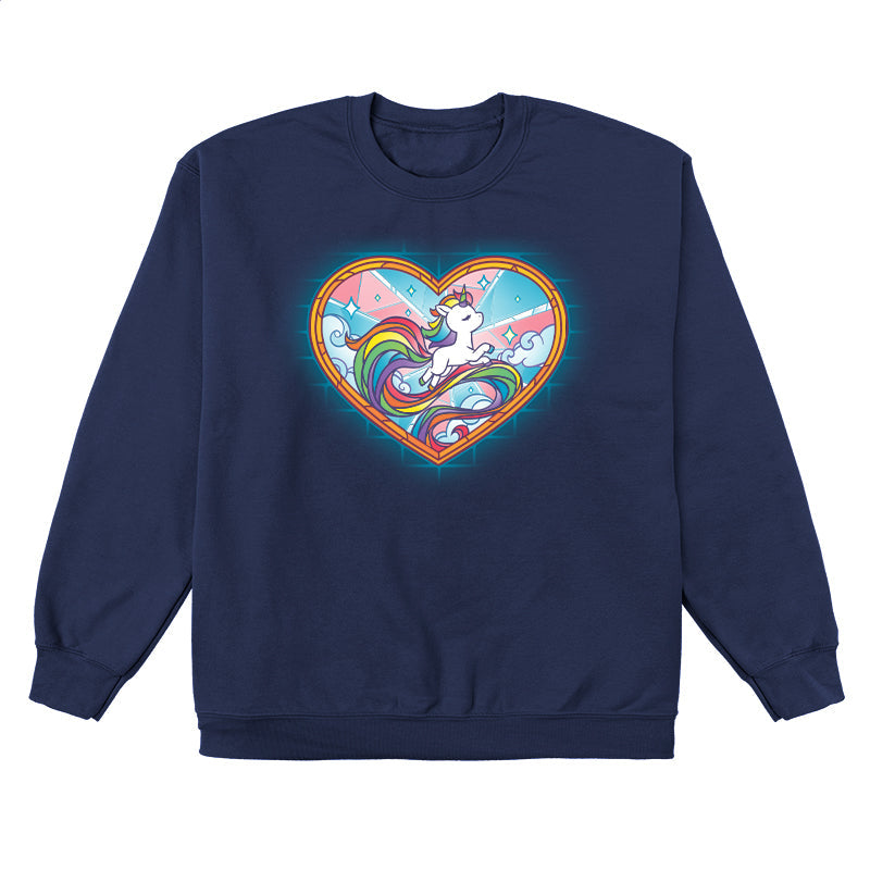 Crew Neck Sweatshirt_TeeTurtle Stained Glass Unicorn navy blue t-shirt featuring an artistic pride unicorn with a long rainbow tail in a stained glass style heart with clouds and sparkles.