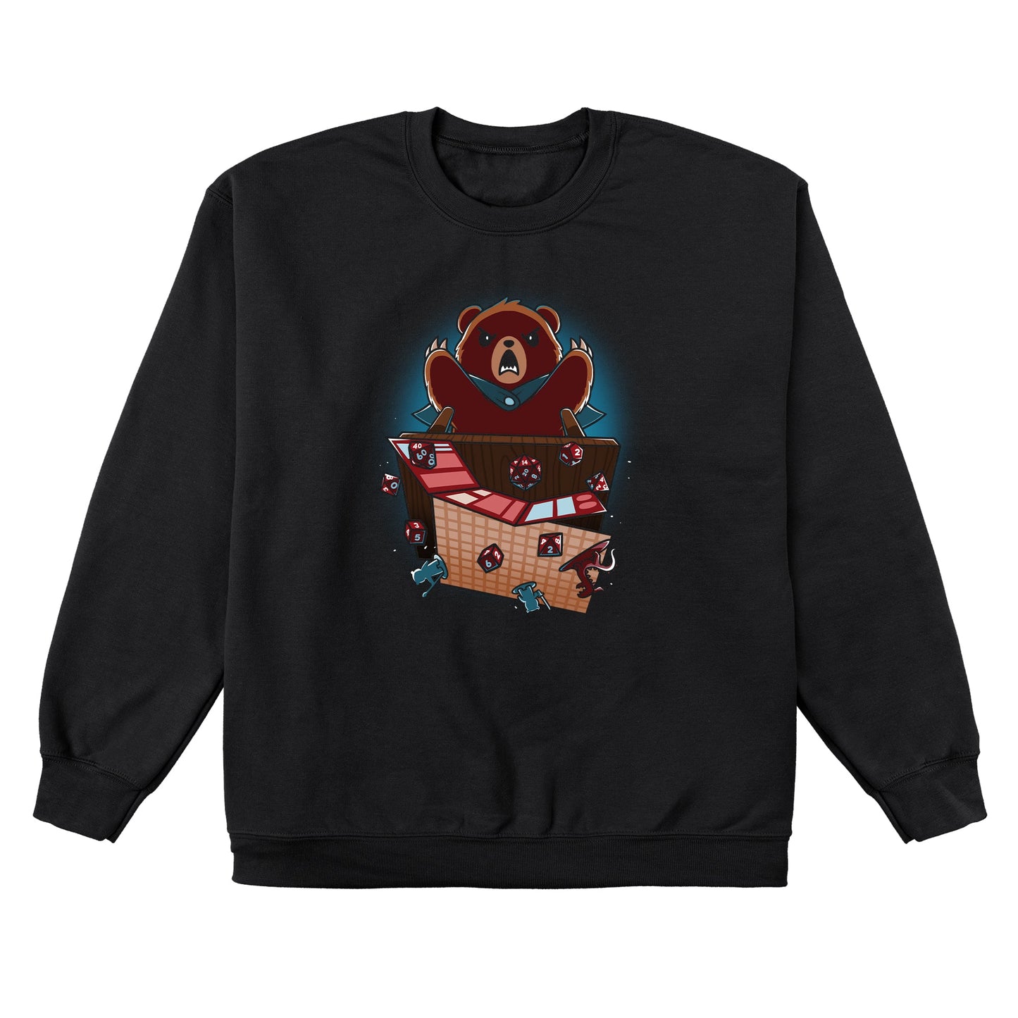 Crew Neck Sweatshirt_TeeTurtle black Suddenly... Earthquake. Featuring an angry grizzly bear flipping over a table that had a tabletop game on it.