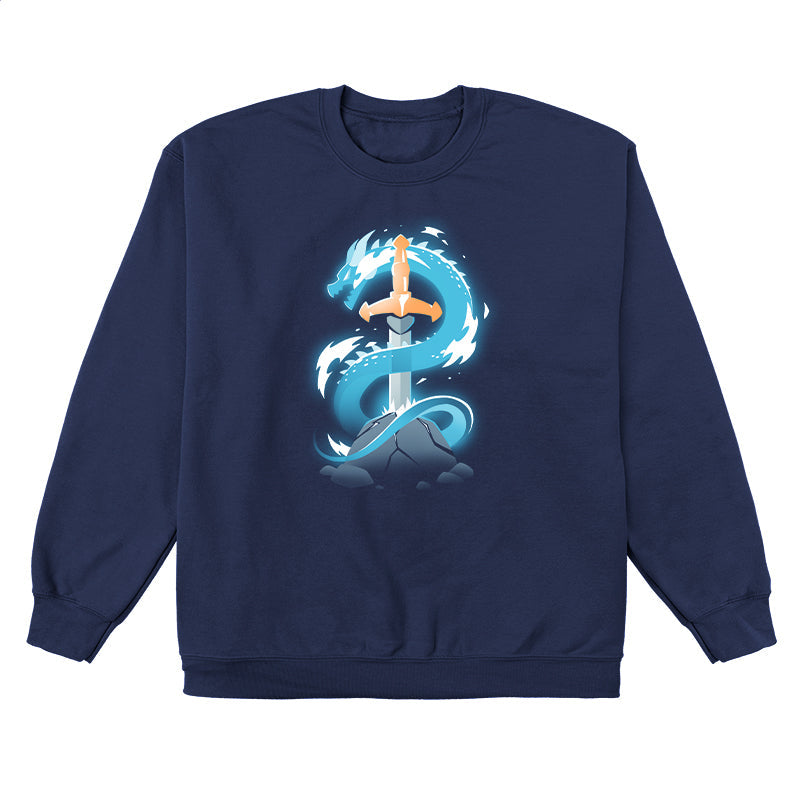 Crew Neck Sweatshirt_TeeTurtle Sword Dragon navy blue design featuring a sword in a cracked rock, with a dragon coiling around it.