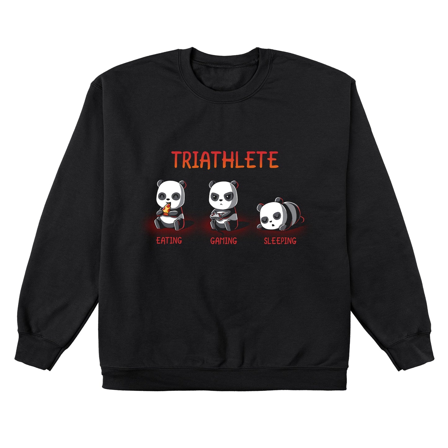 Crew Neck Sweatshirt_TeeTurtle black Triathlete. Featuring a panda eating, a panda gaming, and a panda sleeping.