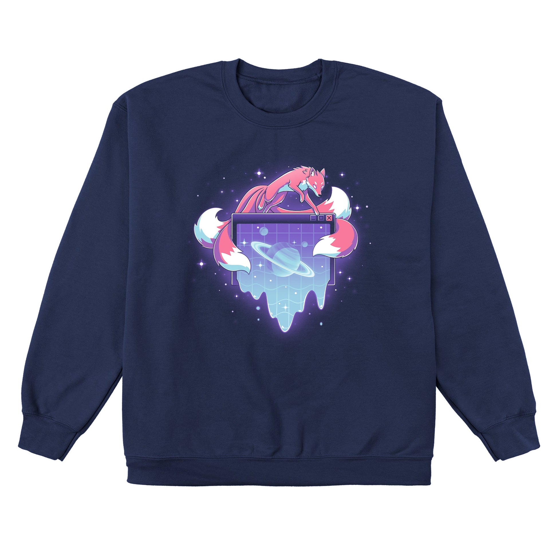 Crew Neck Sweatshirt_TeeTurtle navy blue Vaporwave Kitsune apparel featuring a kitsune leaping over a computer window pop-up with a ringed planet in it in a vaporwave aesthetic.