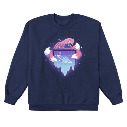 Crew Neck Sweatshirt_TeeTurtle navy blue Vaporwave Kitsune apparel featuring a kitsune leaping over a computer window pop-up with a ringed planet in it in a vaporwave aesthetic.