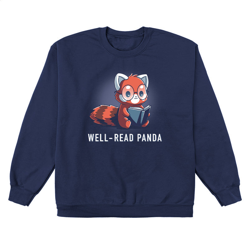 Crew Neck Sweatshirt_TeeTurtle Well-Read Panda navy blue design featuring a red panda wearing glasses and reading a book.